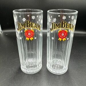 Lot of 2 Jim Beam Highball Glass Christmas Holiday Snowflakes Kentucky Bourbon